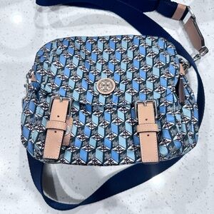 Blue and Tan Patterned Crossbody Bag